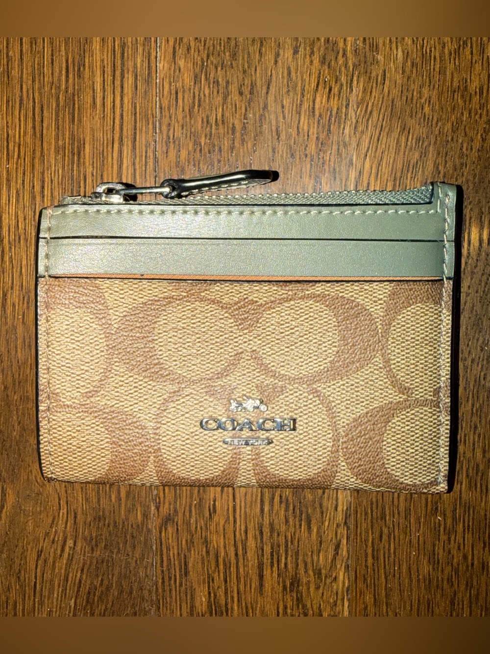Coach Tan Signature Canvas Card Holder with Sage Green Trim